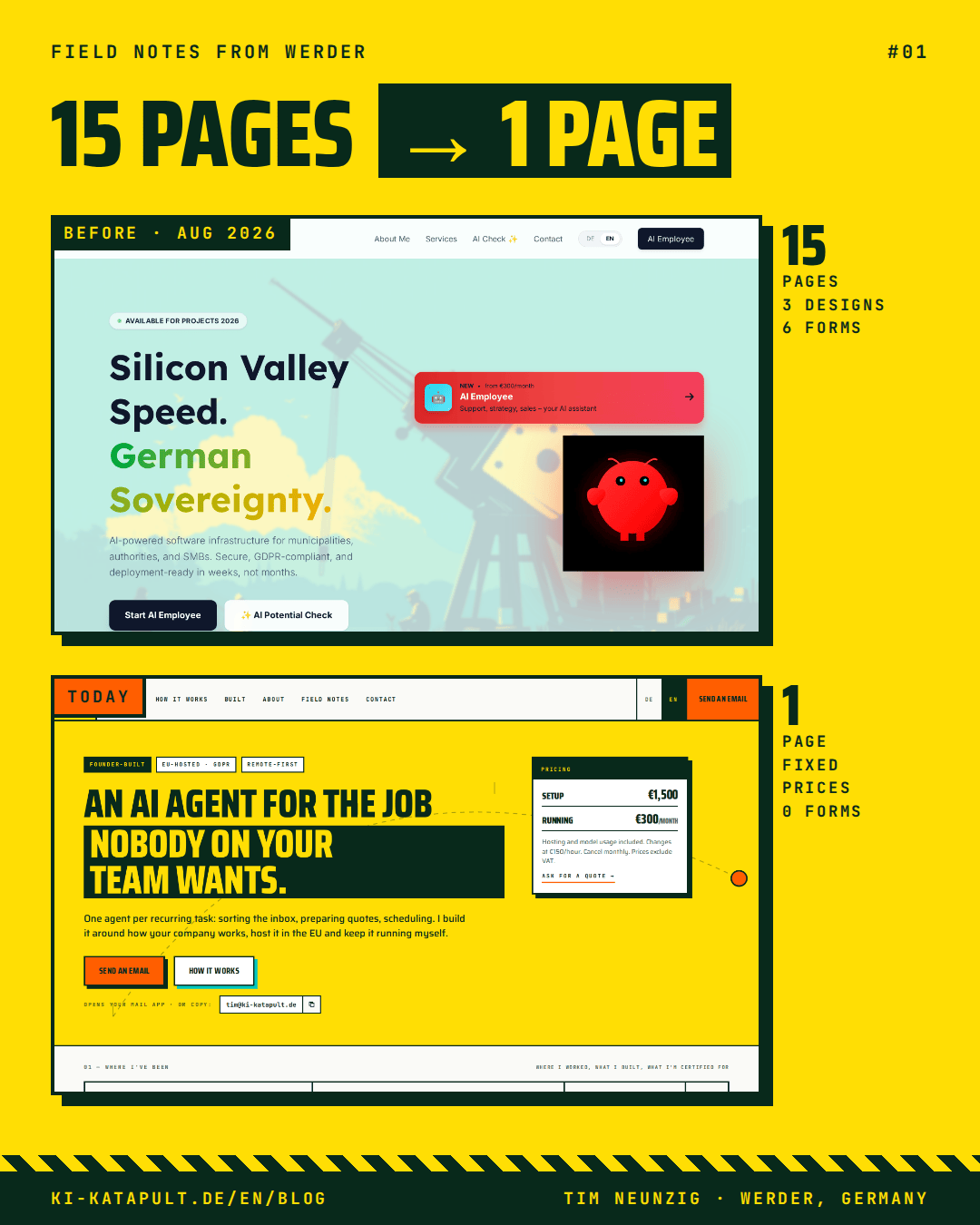 Before and after: on top the old KI Katapult homepage in mint and cyan with the line “Silicon Valley Speed”, below the new page in yellow with the line “An AI agent for the job nobody on your team wants.”
