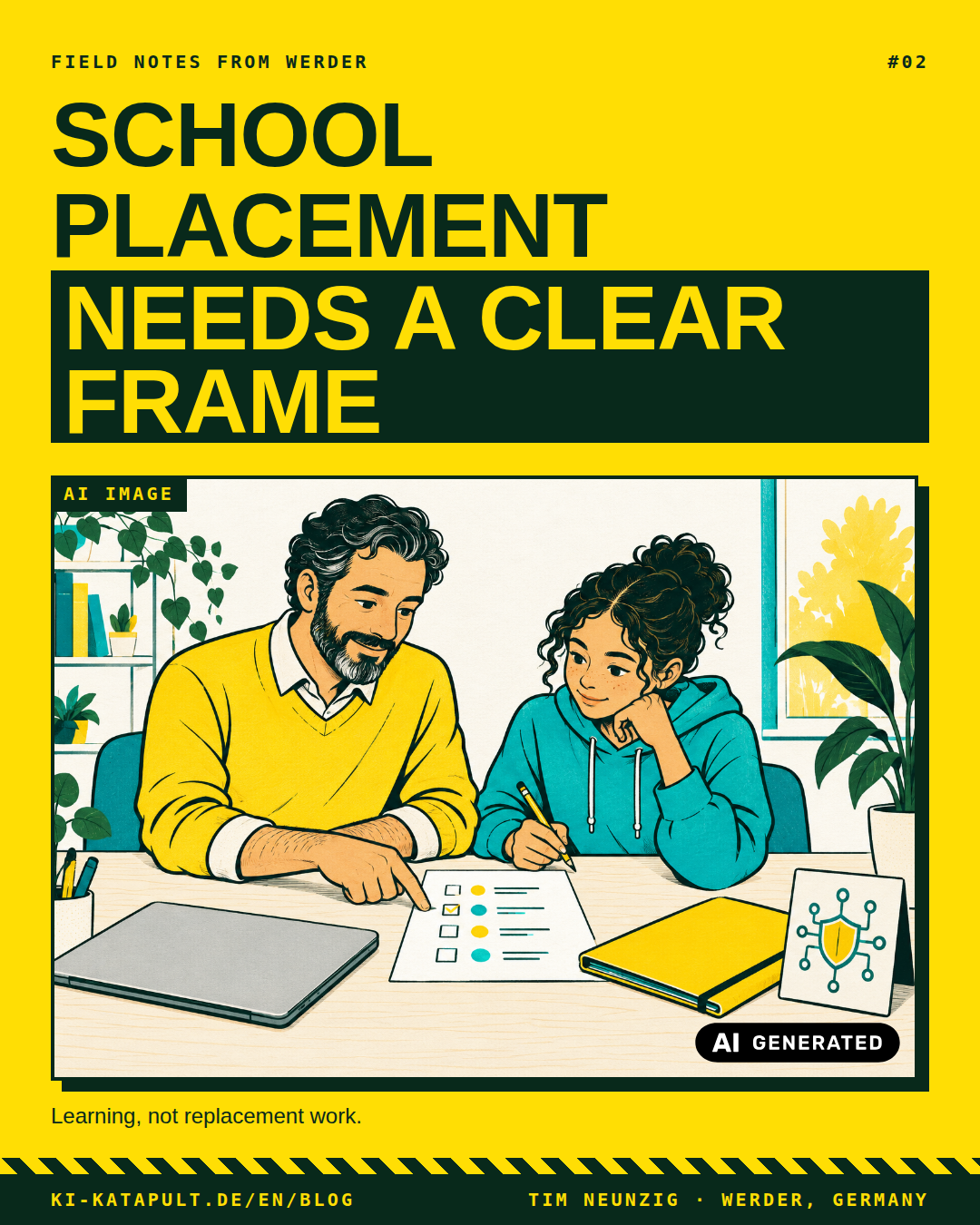 An illustrated adult volunteer reviews a checklist with a student intern at a table.
