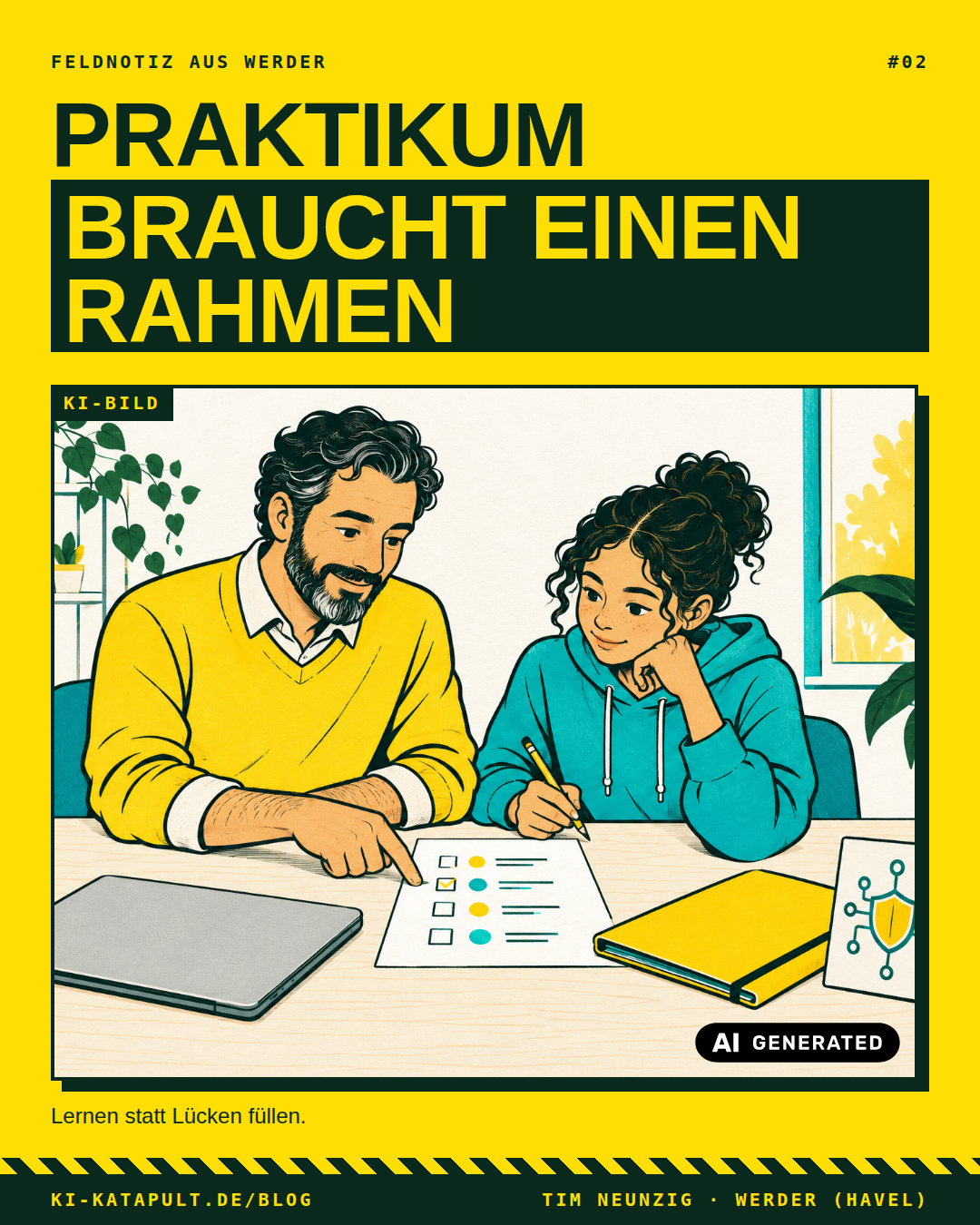 Eine gezeichnete erwachsene Person prüft mit einem Schülerpraktikanten eine Checkliste am Tisch.
